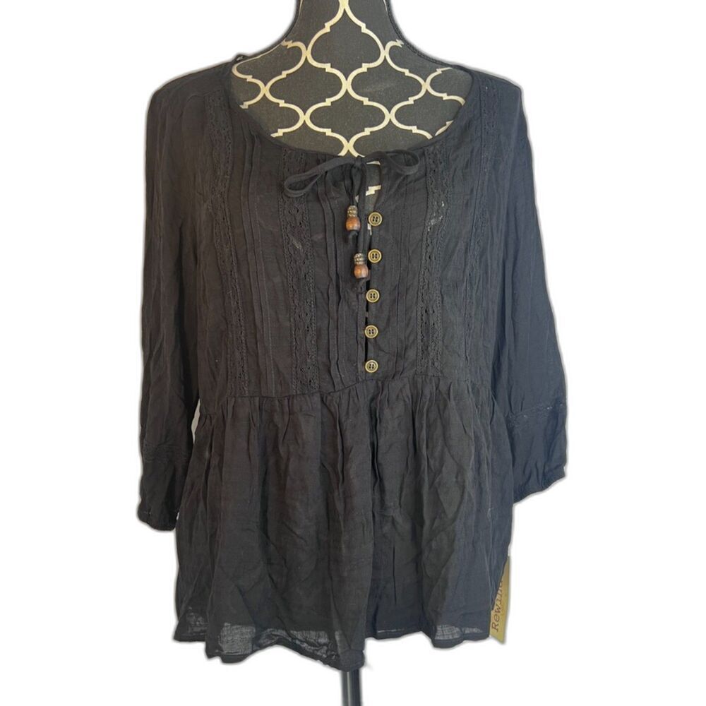Rewind NWT Black Peplum 1/2 Button Front Boho Semi Sheer Lace Trim Blouse Large
